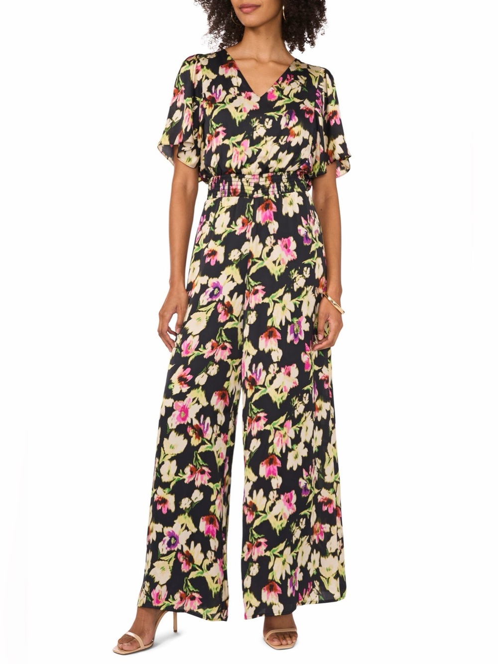 Vince Camuto Black Floral Wide-Leg V-Neck Jumpsuit Size Medium BNWT
